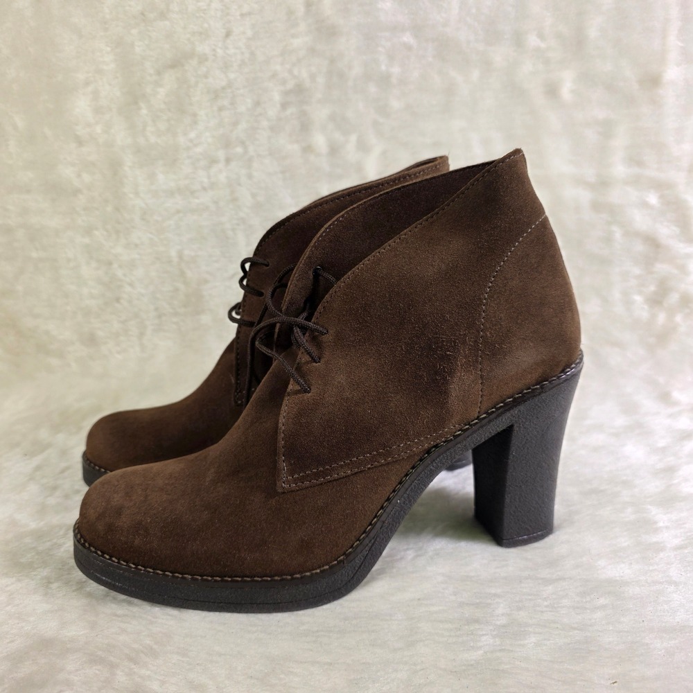 La Canadienne Suede Leather Lace Up Chunky Ankle Boots Rich Brown Women 38 7 NEW
